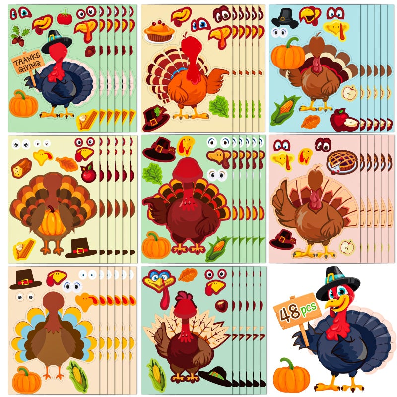 Max Fun 48 Pack Thanksgiving Stickers for Kids Make-A-Turkey Stickers Crafts Thanksgiving Party Games Activities Supplies for Goody Bag Filler - Image 1